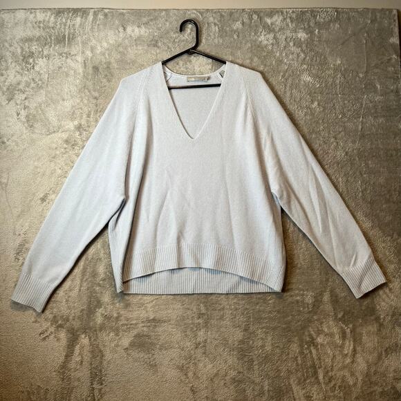 VINCE Deep V-neck raglan-sleeve‎ pullover 100% Cashmere Sweater Baby Blue Large - Picture 1 of 9